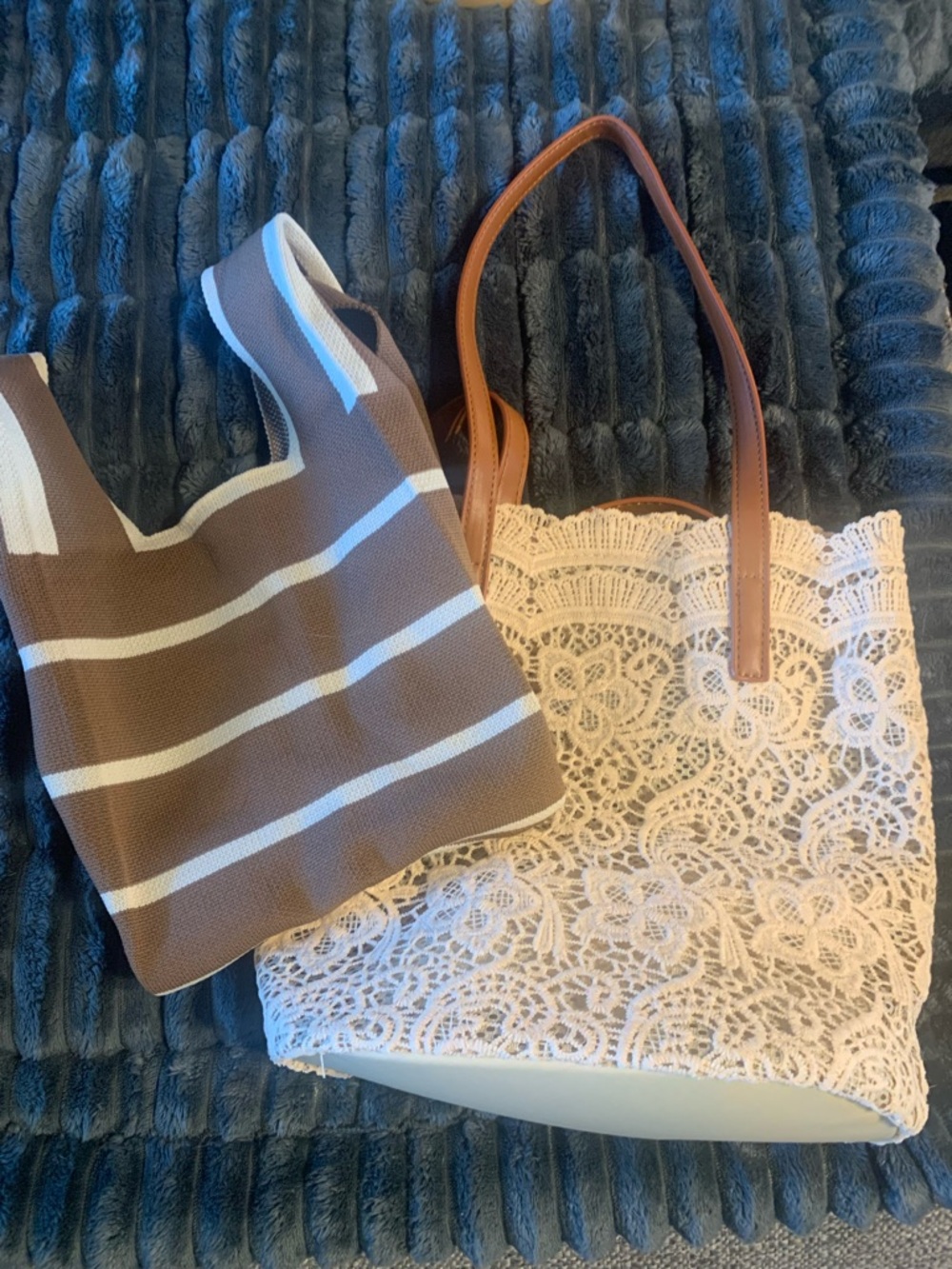Women's Cream Lace Tote with Brown Handles and brown/cream striped bag.